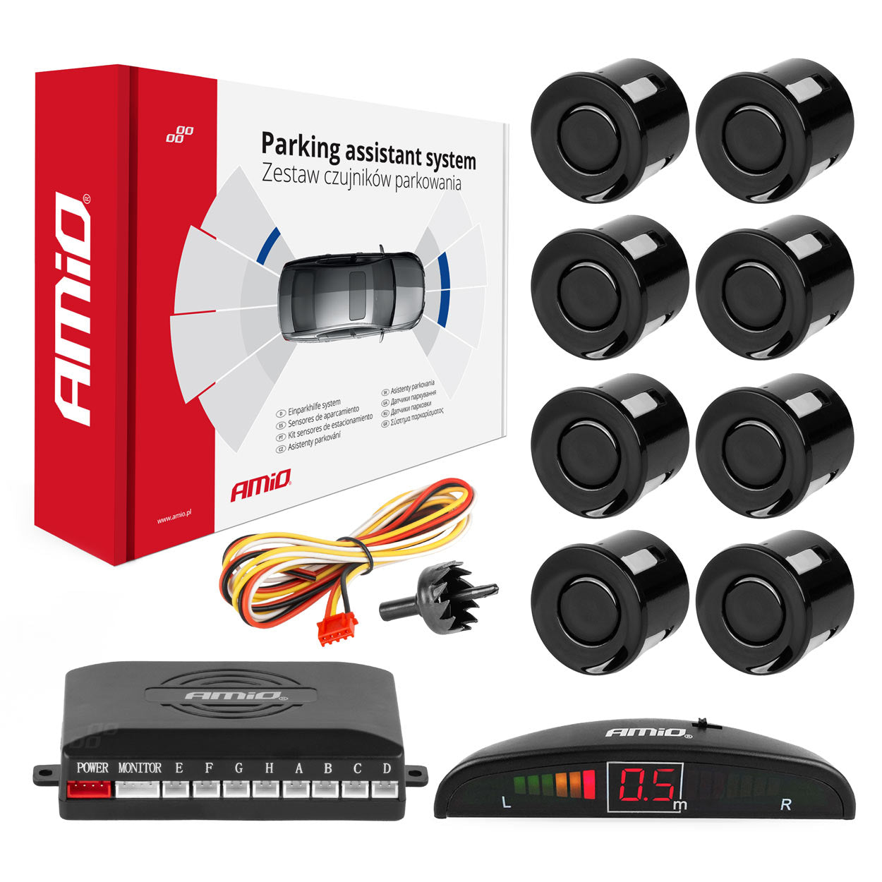 Einparkhilfesystem mit LED-Display und 8 schwarzen Sensoren