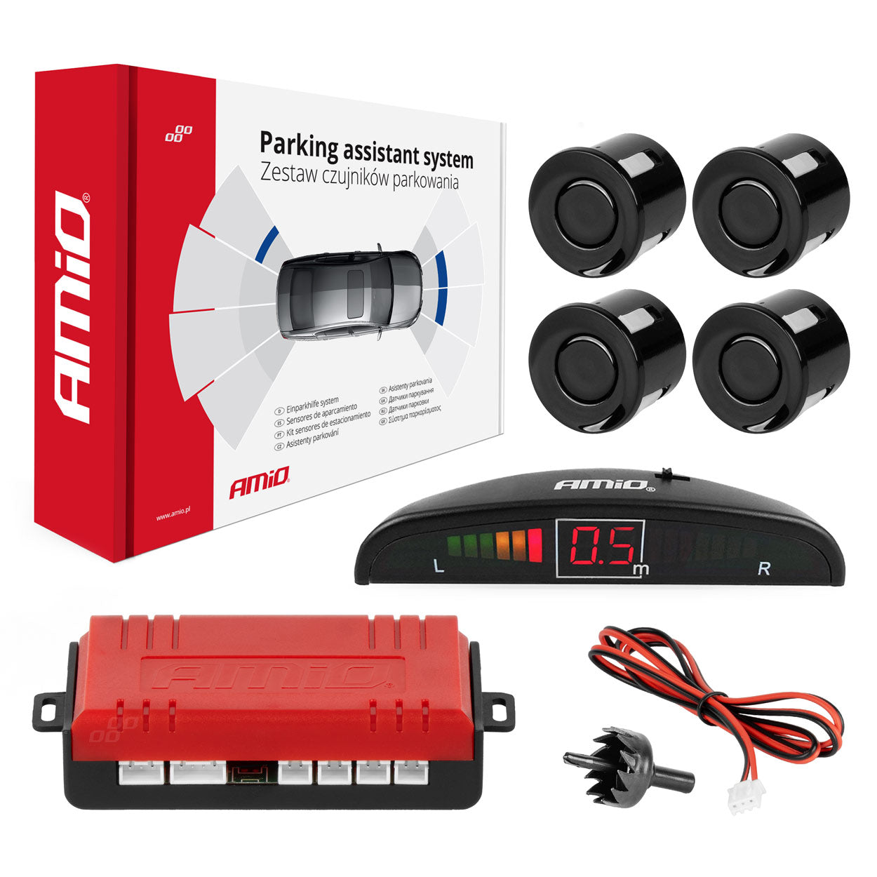 Parksystem mit vier schwarzen Sensoren und LED-Display