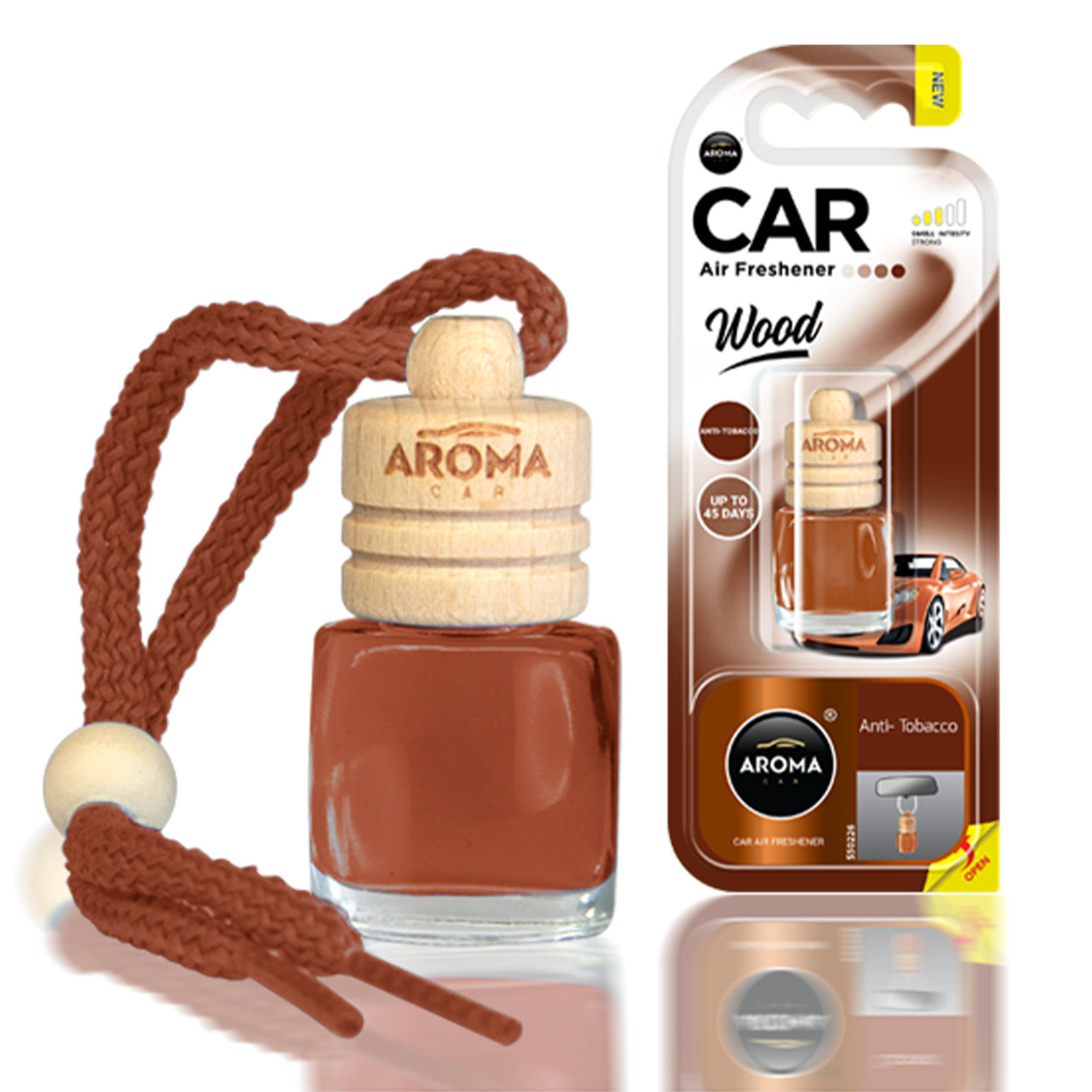 Aroma Wood Antitabacco Lufterfrischer fürs Auto mit Glasflasche und Holzverschluss