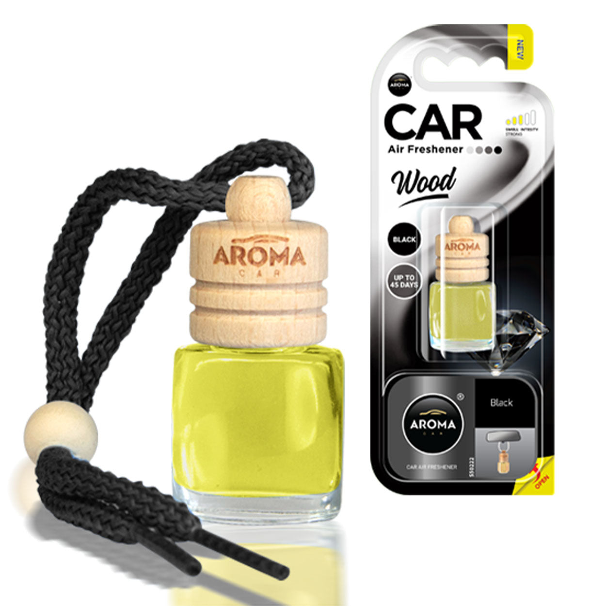 Aroma Wood Black Lufterfrischer fürs Auto mit Glasflasche und Holzverschluss