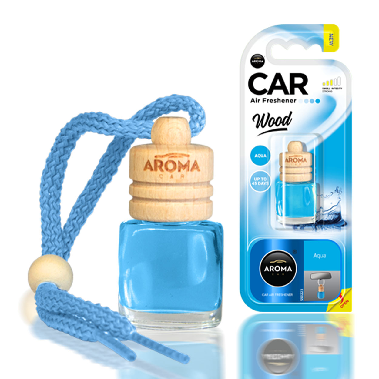 Aroma Wood Aqua Autoduft mit Holzverschluss und Glasflasche
