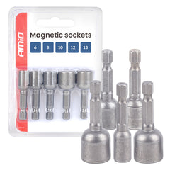 Set mit fünf magnetischen Stecknüssen in den Größen 6, 8, 10, 12 und 13 mm