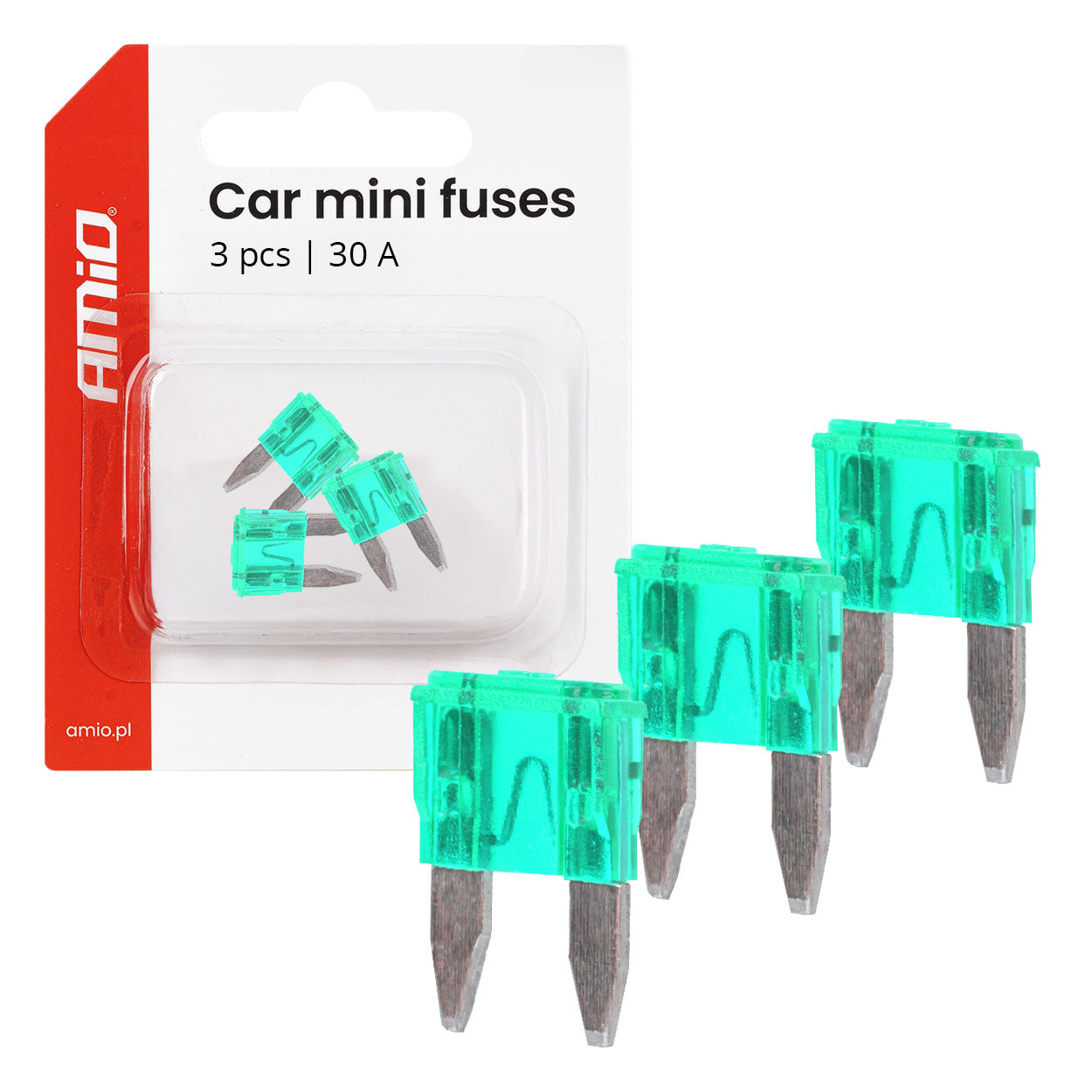 Drei MINI-Kfz-Sicherungen mit 30A in der Blisterpackung