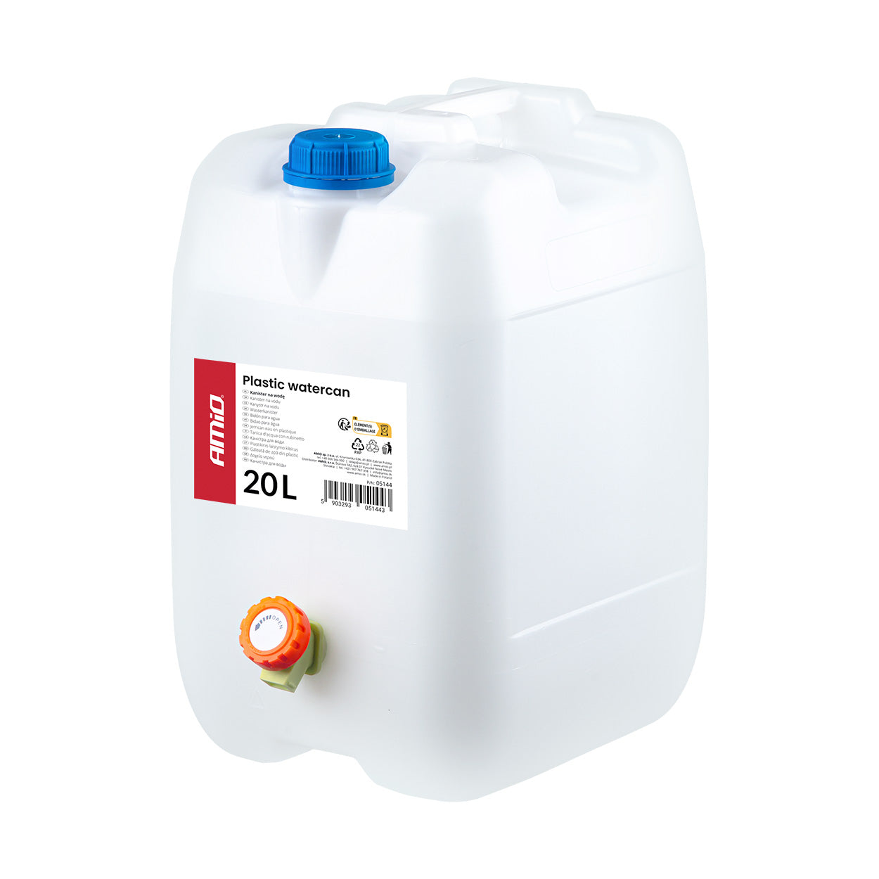 Weißer 20-Liter-Wasserkanister aus HDPE-Kunststoff mit Hahn