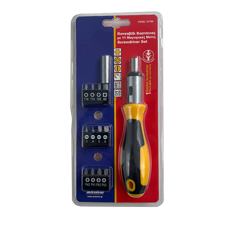 Ratschenschraubendreher-Set mit 11 magnetischen Bits