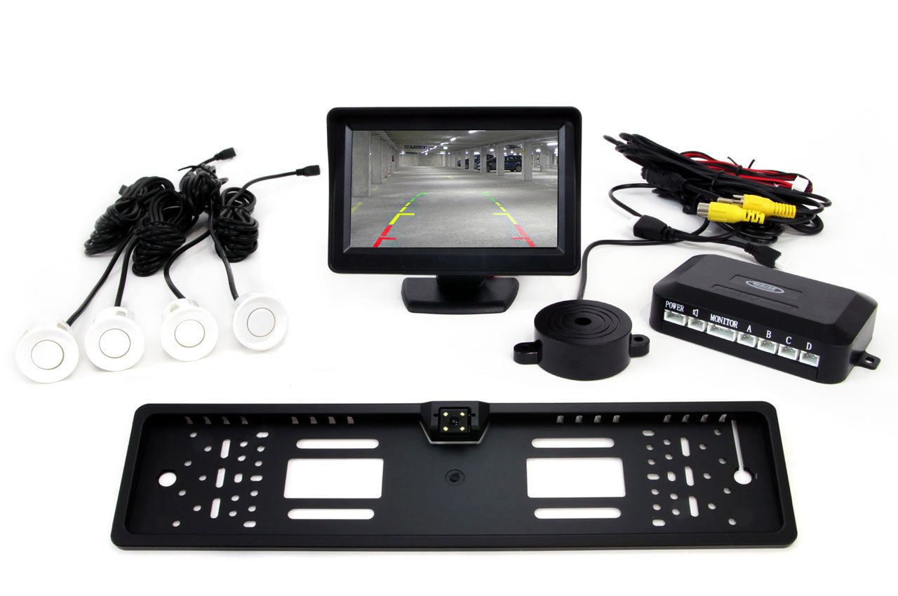 Parkassistenzsystem mit 4,3-Zoll-TFT-Display, Kamera und weißen Sensoren