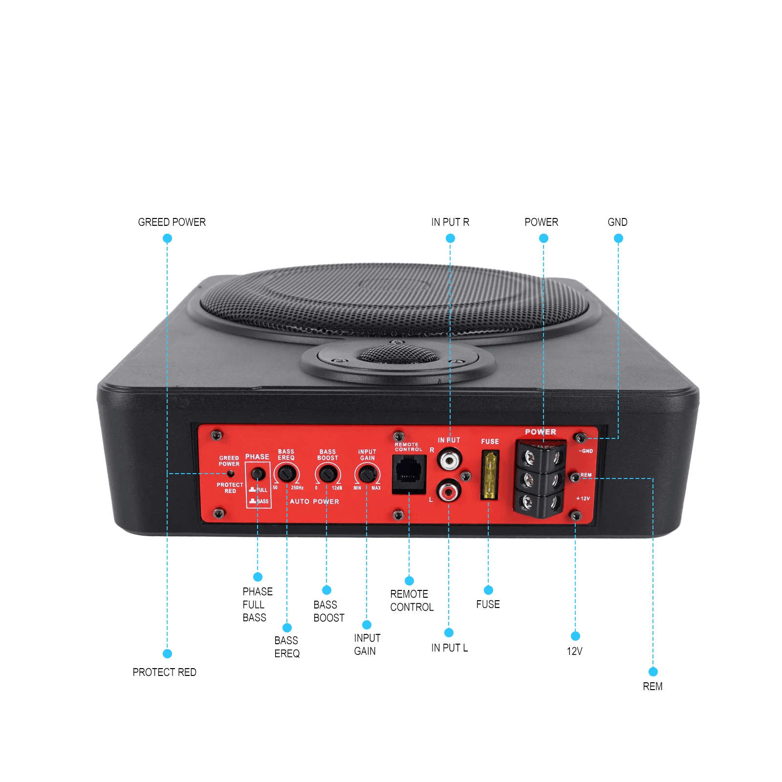 10” slim aktiv subwoofer til bil – 600W under sædet, visning af tilslutninger og kontroller på bagsiden.