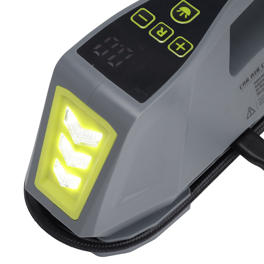 Kompakter Luftkompressor für 12V und 230V mit LED-Taschenlampe