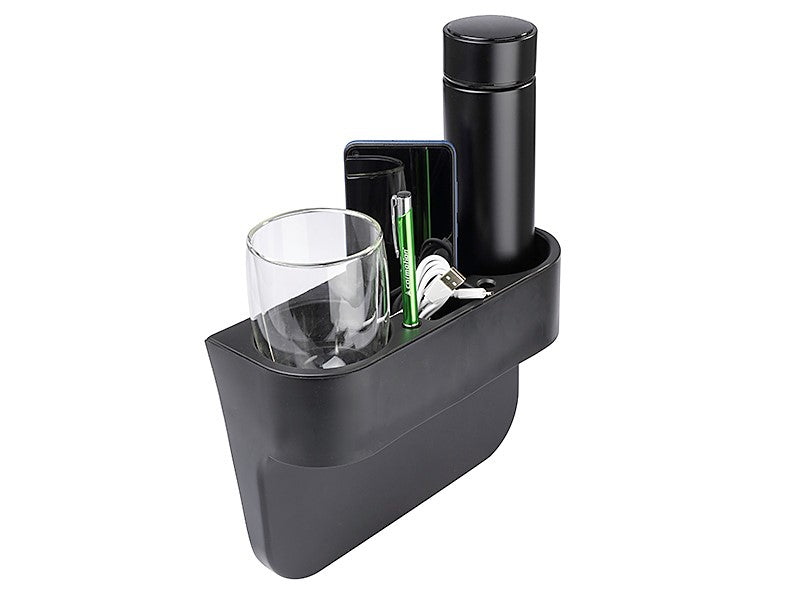Schwarzer Auto-Organizer mit Getränkehalter und Fächern für Kleinteile