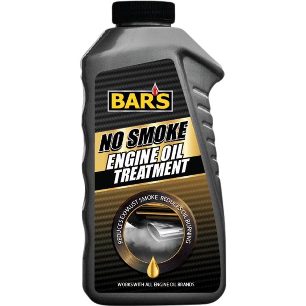 Bars Motoroliebehandling - Undgå røg flaske med produktinformation og logo.