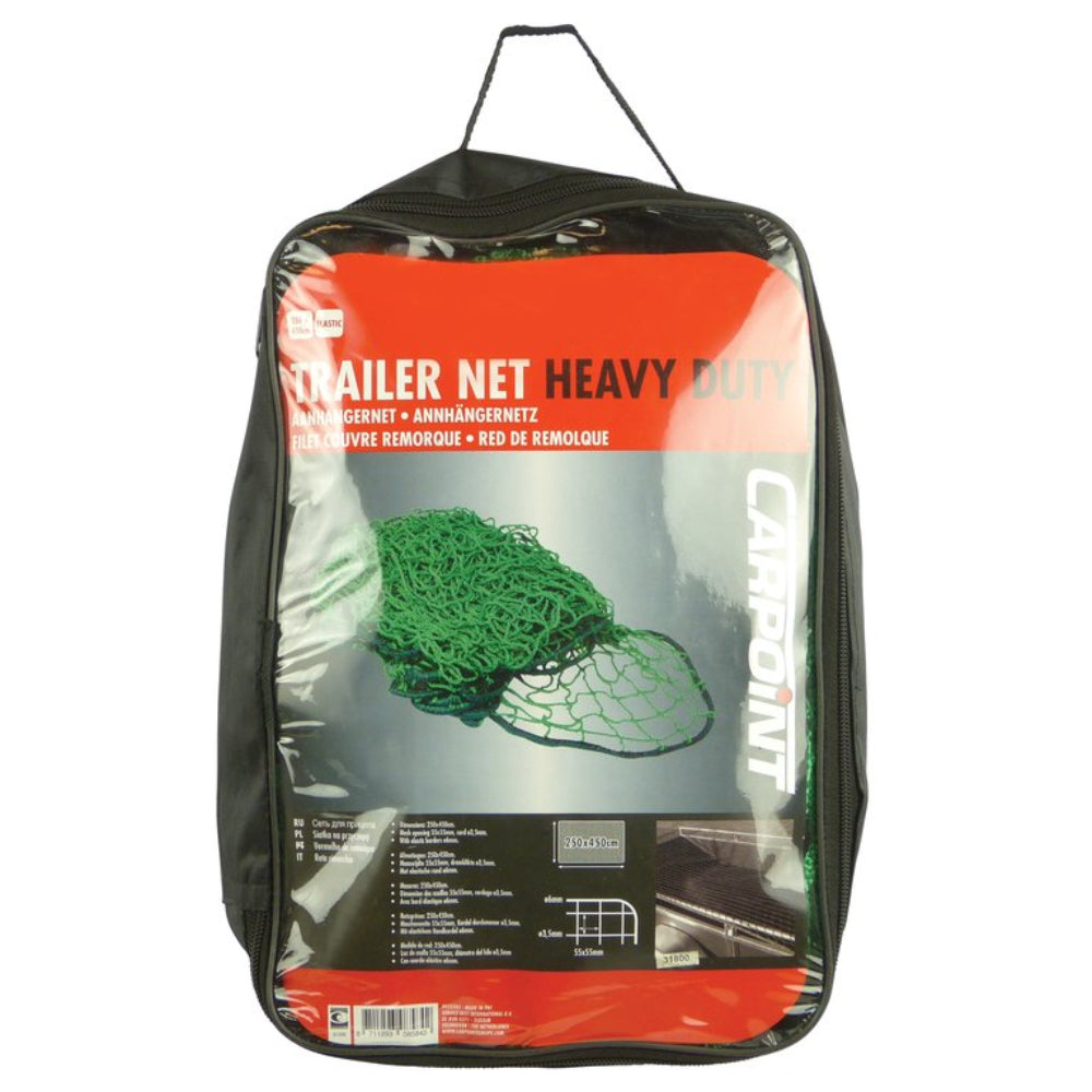 Carpoint elastiknet til trailer 250x450 cm pakket i sort taske, ideel til afdækning af trailere.