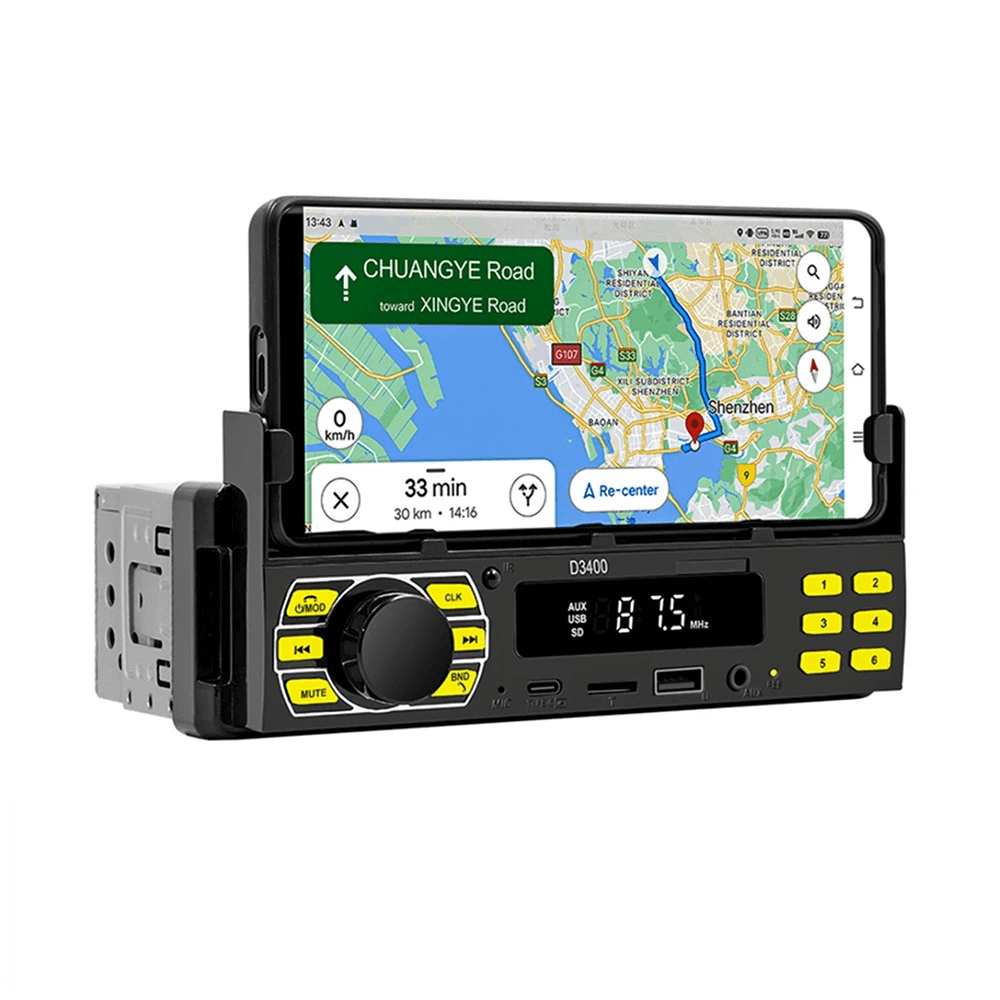 Universelles 1-DIN-Radio mit Handyhalterung, USB-C und Bluetooth 5.1 mit GPS-Navigation auf dem Smartphone.