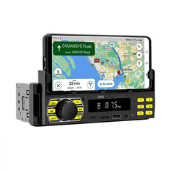 Universelles 1-DIN-Radio mit Handyhalterung, USB-C und Bluetooth 5.1 mit GPS-Navigation auf dem Smartphone.
