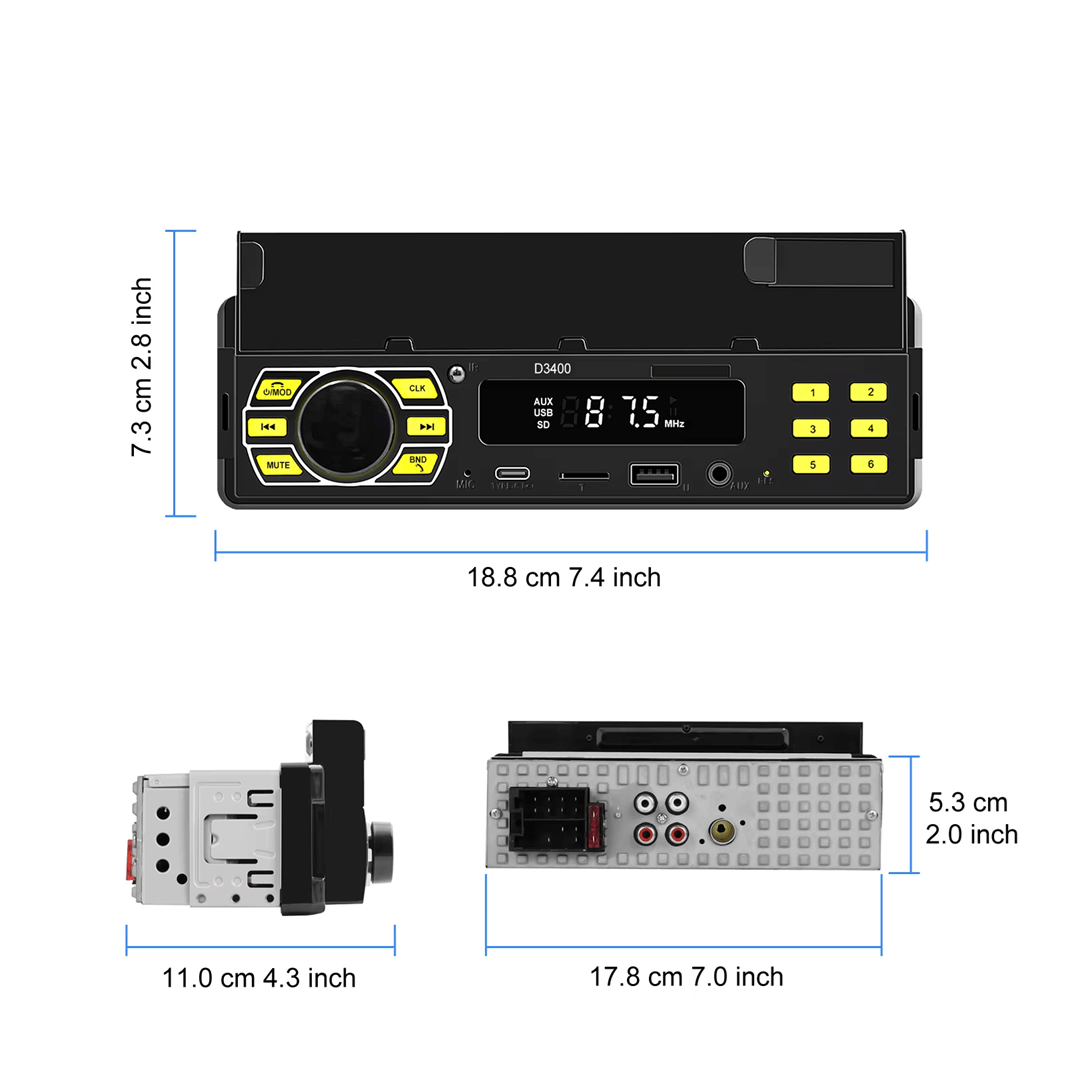 Universelles 1-DIN-Radio mit Handyhalterung, USB-C und Bluetooth 5.1 mit digitalem Display und Anschlüssen.