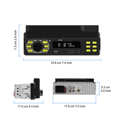 Universelles 1-DIN-Radio mit Handyhalterung, USB-C und Bluetooth 5.1 mit digitalem Display und Anschlüssen.