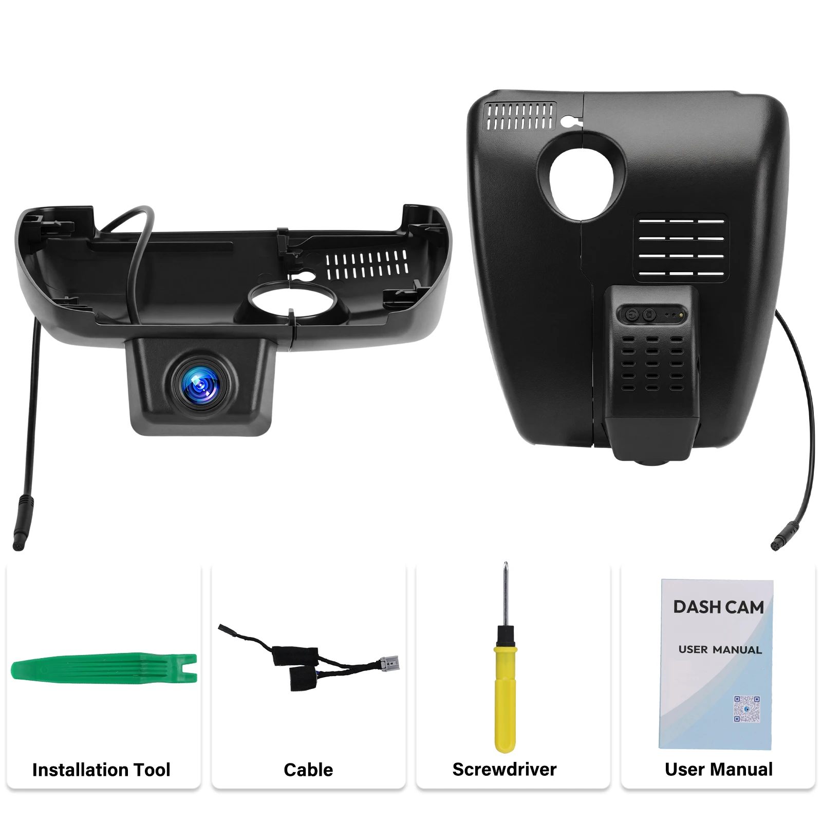 Mazda CX-5 & CX-9 Dashcam 4K im OEM-Look Installationskit, inklusive Kamera, Werkzeug und Bedienungsanleitung.