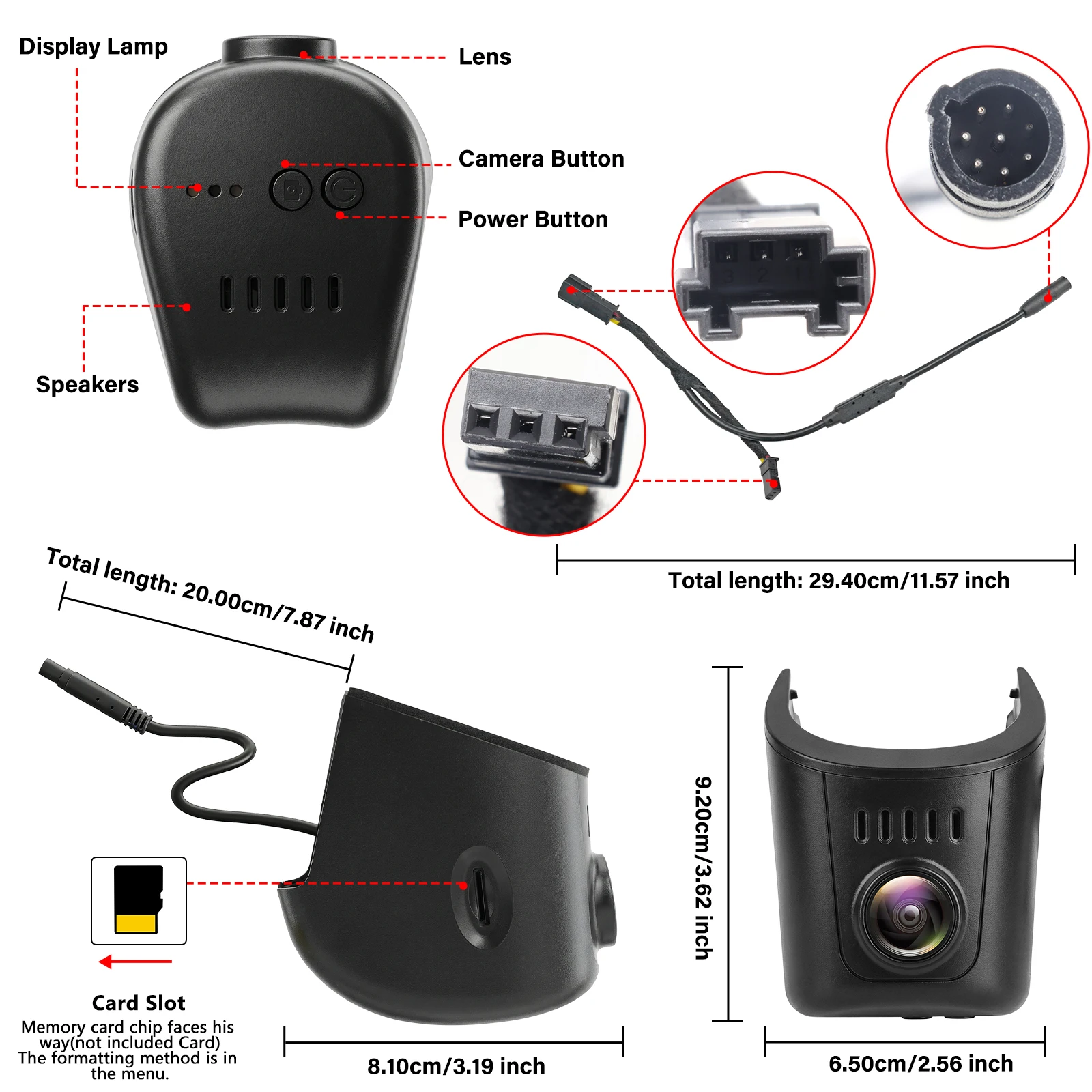 Audi Dashcam 4K im OEM-Look in Detailansicht mit Komponenten wie Linse, Tasten und Kartenslot.