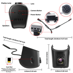 Audi Dashcam 4K im OEM-Look in Detailansicht mit Komponenten wie Linse, Tasten und Kartenslot.