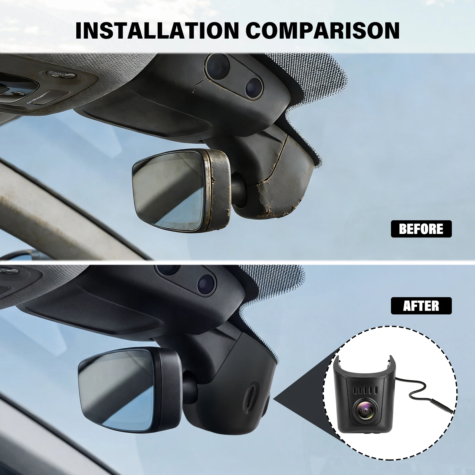 Installationsvergleich der Audi Dashcam 4K im OEM-Look mit Vorher-/Nachher-Ansicht.
