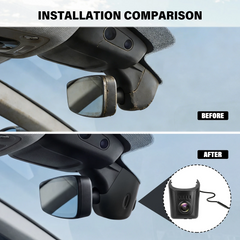 Installationsvergleich der Audi Dashcam 4K im OEM-Look mit Vorher-/Nachher-Ansicht.