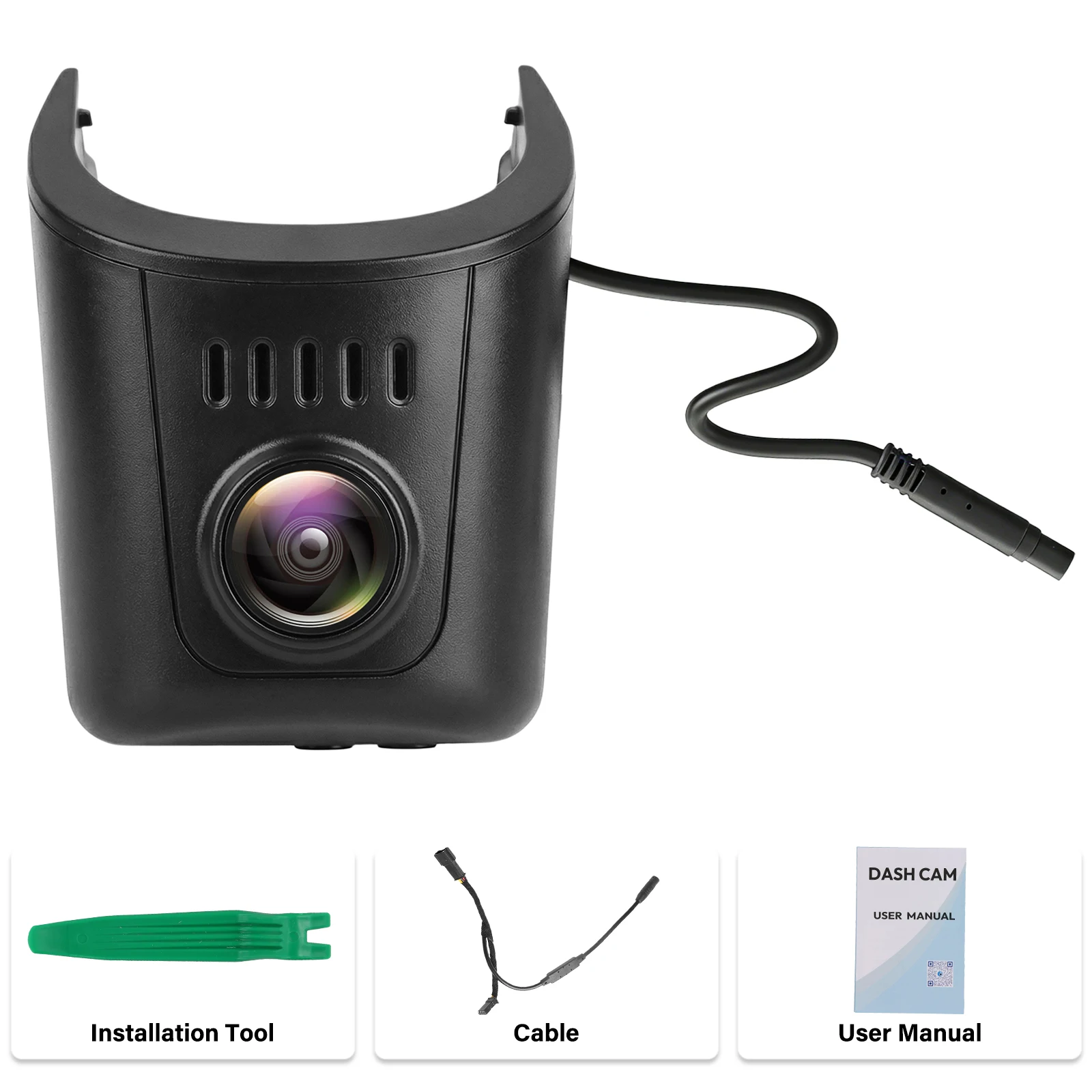 Audi Dashcam 4K im OEM-Look inklusive Montagewerkzeug, Kabel und Bedienungsanleitung.