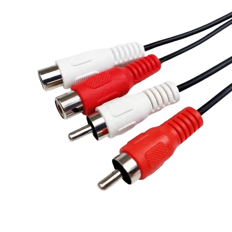 RCA forlængerkabel – 1 meter (rød/hvid, han til hun) med røde og hvide stik, ideel til lydforbindelser.